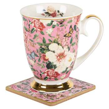 Floral Garden Pink Decorative Ceramic  Mug & Coaster Set 360ml