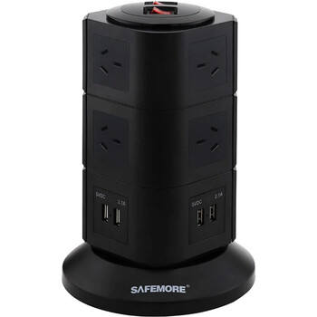 THREE LEVEL POWER STACKER10 GPO 4 USB BLACK SURGE