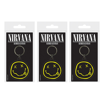 3PK Nirvana Smiley Face Logo Themed 90's Rock Music Rubber Keyring 