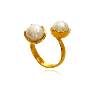 Culturesse Eleodoro Twin Pearl Adjustable 2.5cm Open Ring - 24K Gold Filled