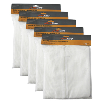 5PK Safecorp Hooded Long Sleeve Zipping Disposable Coveralls White