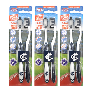 3x 2pc AFL Soft/Medium Toothbrush Oral Care Carlton Blues Kids/Adults 6y+