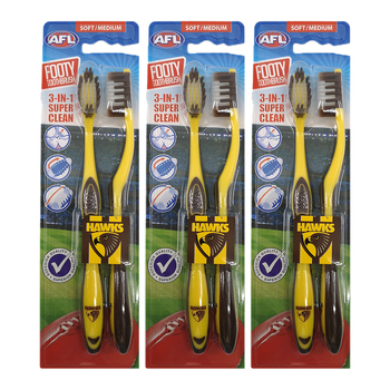 3x 2pc AFL Soft/Medium Toothbrush Oral Care Hawthorn Hawks Kids/Adults 6y+