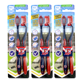 3x 2pc NRL Sydney Roosters Soft/Medium Toothbrush Kids/Adults/Toddler 6y+