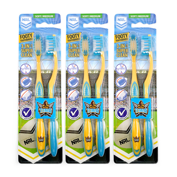 3x 2pc NRL Gold Coast Titans Soft/Medium Toothbrush Kids/Adults Oral Care 6y+