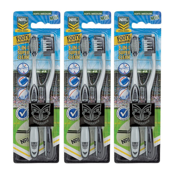 3x 2pc NRL New Zealand Warriors Soft/Medium Toothbrush Kids/Adults Oral Care 6y+