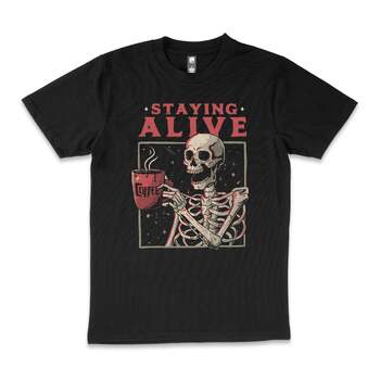 Staying Alive Funny Skeleton Coffee Cotton T-Shirt Black Size 2XL