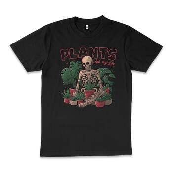 Plants Are My Life Skull Skeleton Artsy Cotton T-Shirt Black Size 2XL