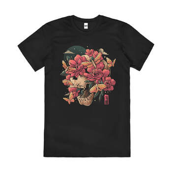 Blossom in Grave Skull Flowers Artistic Cotton T-Shirt Black Size 2XL