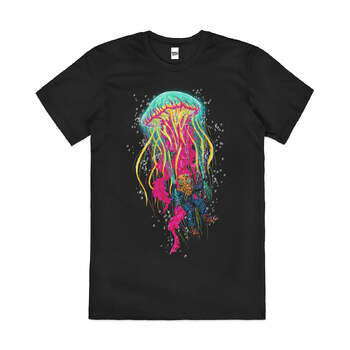 The Diver Artsy Colorful Sea Jellyfish Cotton T-Shirt Black Size 2XL