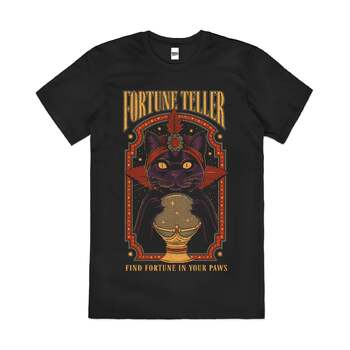 Fortune Teller Funny Cat Clairvoyant Cotton T-Shirt Black Size 2XL