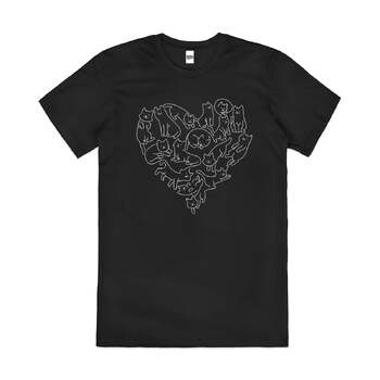 Wool Heart Cat Kittens Lover Artsy Cotton T-Shirt Black Size 2XL