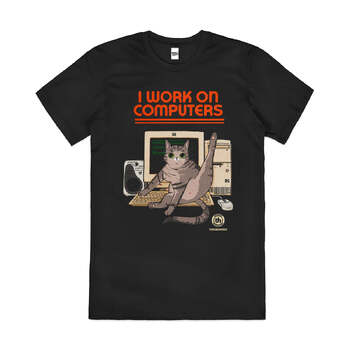 I Work on Computers Funny Cat Animal Cotton T-Shirt Black Size 2XL