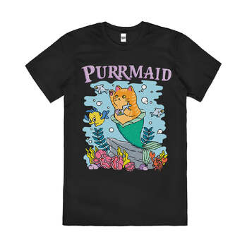 Purrmaid Funny Mermaid Cute Cat Ocean Cotton T-Shirt Black Size 2XL