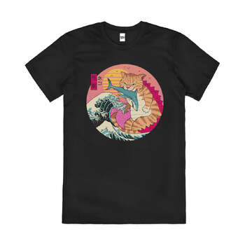 Neko Wave Kaiju Great Wave Kanagawa Cat Cotton T-Shirt Black Size 2XL