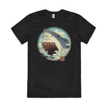 Shark Attack Great White Wave Kanagawa Cotton T-Shirt Black Size 2XL