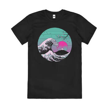 The Great Wave Of Kanagawa Artsy Retro Cotton T-Shirt Black Size 2XL