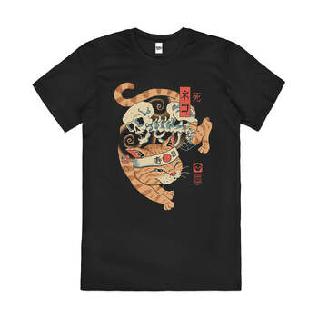 Catana Wave Japanese Surfing Cat Wave Cotton T-Shirt Black Size 2XL