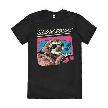 Slow Drive Sloth Road Trip Adventure Cotton T-Shirt Black Size 2XL