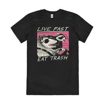 Live Fast Eat Trash Raccoon Fun Slogan Cotton T-Shirt Black Size 2XL