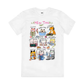 Meow Time Funny Cats Cute Sketch Pet Cotton T-Shirt White Size 2XL