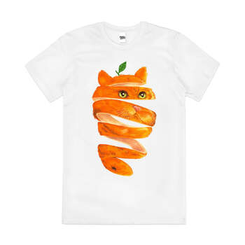 Orange Cat Animal Fruit Cotton Artsy Graphic T-Shirt White Size 2XL