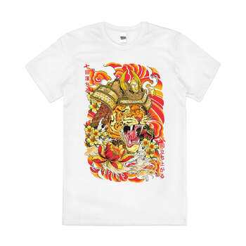 Shogun Japanese Tiger Animal Cotton Graphic T-Shirt White Size 2XL