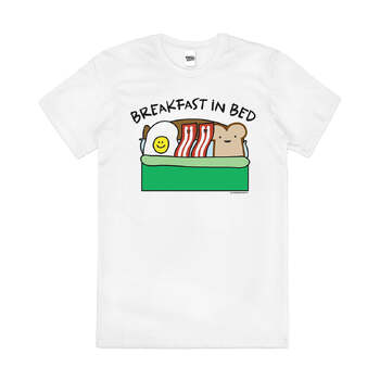 Breakfast in Bed Bacon Eggs Funny Pun Cotton T-Shirt White Size 2XL