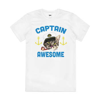 Captain Awesome Funny Cat Kitty Cute Cotton T-Shirt White Size 2XL