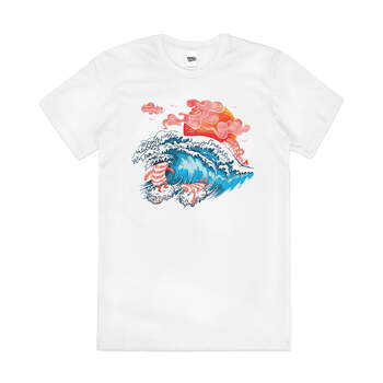 Sushi Surf Salmon Cute Artsy Great Wave Cotton T-Shirt White Size 2XL