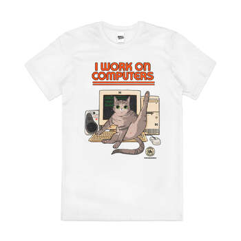 I Work on Computers Funny Cat Geek Nerd Cotton T-Shirt White Size 2XL