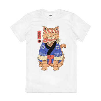 Sushi Cat Meowster Japanese Kitten Cotton T-Shirt White Size 2XL