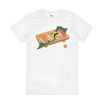 Sushi Ukiyo-e Japanese Food Maki Artsy Cotton T-Shirt White Size 2XL