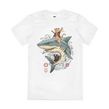 Catana Shark Japanese Cat Surfing Artsy Cotton T-Shirt White Size 2XL