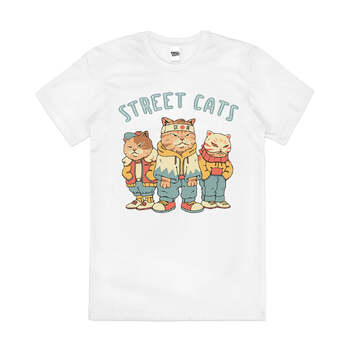 Street Cats Japanese Animal Cute Artsy Cotton T-Shirt White Size 2XL