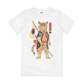 Neko Shogun Japanese Samurai Cat Artsy Cotton T-Shirt White Size 2XL