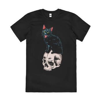 Nevermeow Skull Black Cat Kitten Artsy Cotton T-Shirt Black Size 3XL