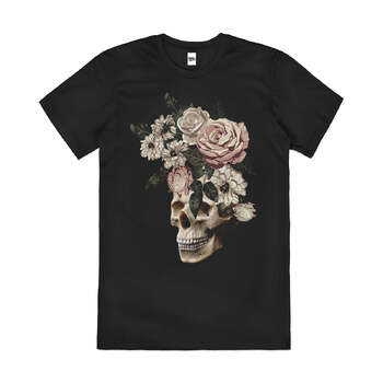 After the Funeral Death Skull Flowers Cotton T-Shirt Black Size 3XL