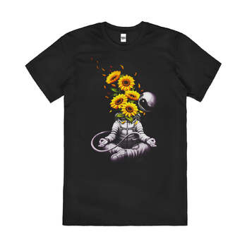 Meditation Astronaut Sunflower Space Cotton T-Shirt Black Size 3XL