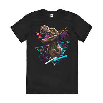 Rad T-Rex Dinosaur 80s Synthwave Artsy Cotton T-Shirt Black Size 3XL