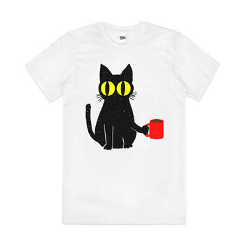 Catfeine Cat Coffee Cute Kitten Funny Cotton T-Shirt White Size 3XL