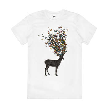 Wild Nature Cool Animal Butterfly Deer Cotton T-Shirt White Size 3XL