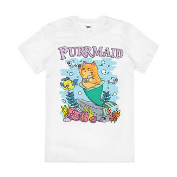 Purrmaid Funny Mermaid Cute Cat Ocean Cotton T-Shirt White Size 3XL