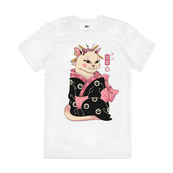 Neko Geisha Japanese Inspired Cat Artsy Cotton T-Shirt White Size 3XL