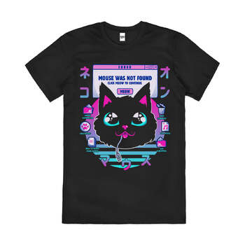 Vapour Wave Cat Mouse Not Found Slogan Cotton T-Shirt Black Size 4XL