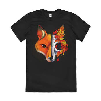 Autumn Fox Leaf Season Nature Artsy Cotton T-Shirt Black Size 4XL