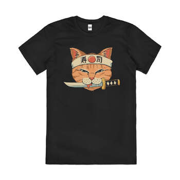 Neko Sushi Catana Japanese Cat Artsy Cotton T-Shirt Black Size 4XL