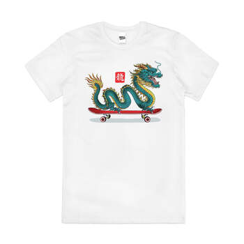 Long Board Dragon Skateboard Japanese Cotton T-Shirt White Size 4XL