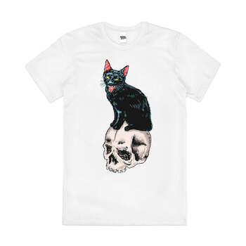 Nevermeow Skull Black Cat Kitten Artsy Cotton T-Shirt White Size 4XL