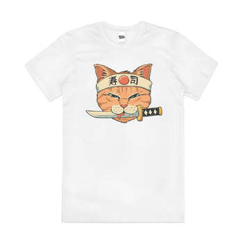 Neko Sushi Catana Japanese Cat Artsy Cotton T-Shirt White Size 4XL